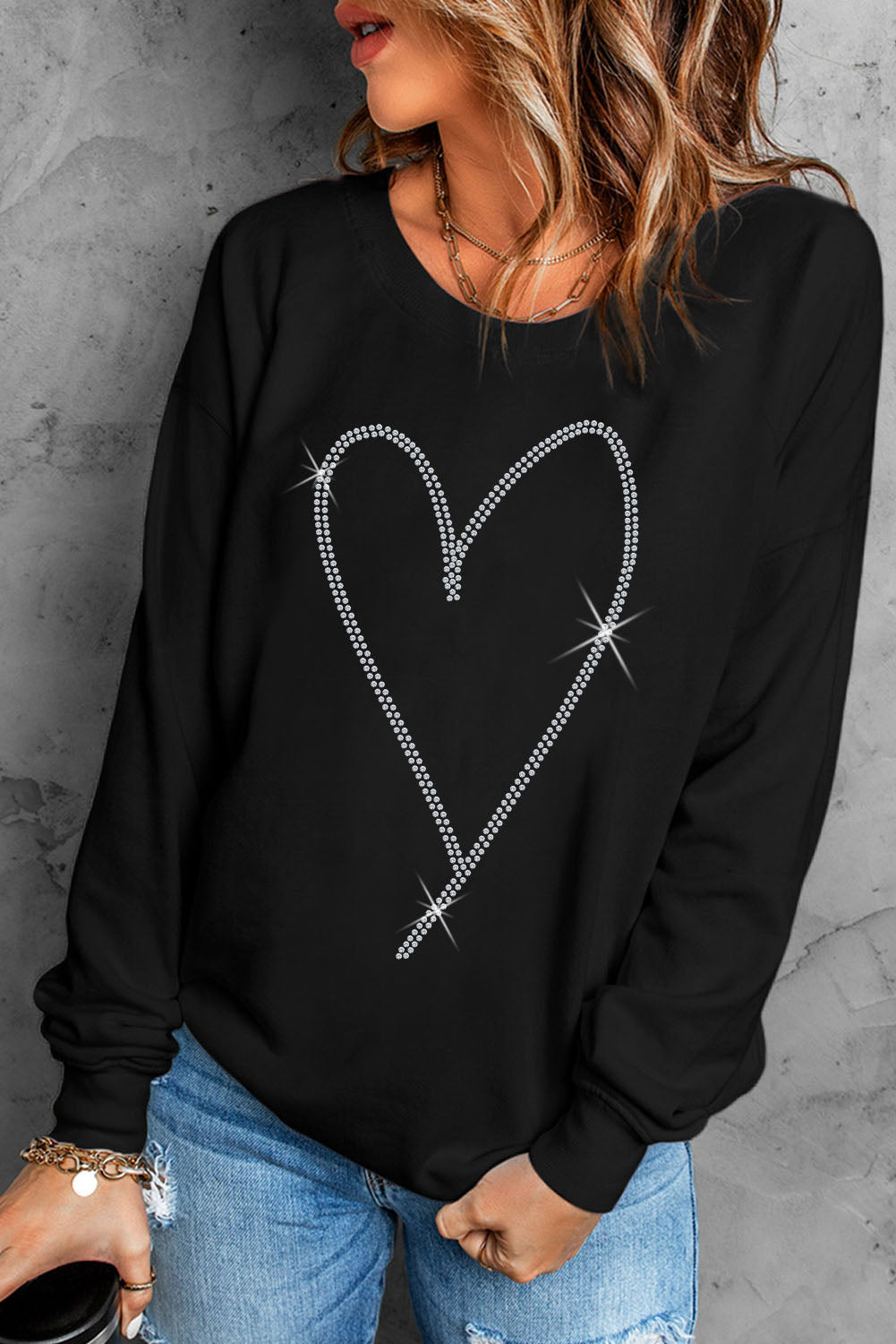 Black Rhinestone Heart Pattern Valentines Fashion Sweatshirt - Aaria Tees Aaria Tees