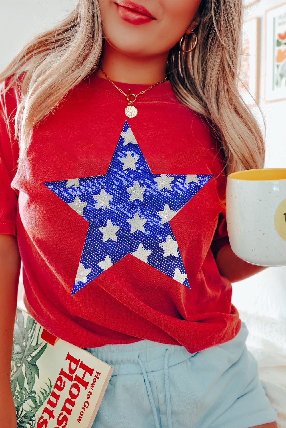 Red Sequin Star Graphic Crewneck T Shirt - Aaria Tees Aaria Tees