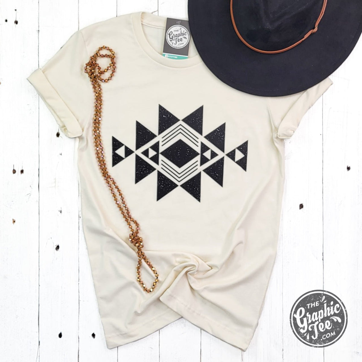 Black Quilt Pattern Heather Natural Short Sleeve Tee - Aaria Tees
