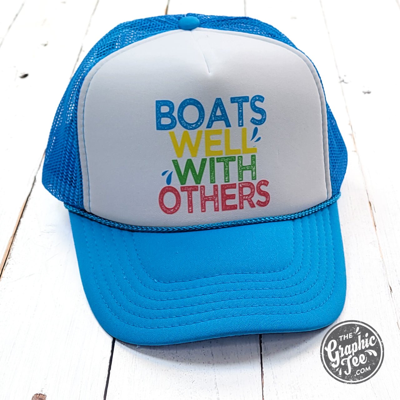 Boats Well With Others Neon Blue and White Foam Trucker Cap - Aaria Tees Aaria Tees