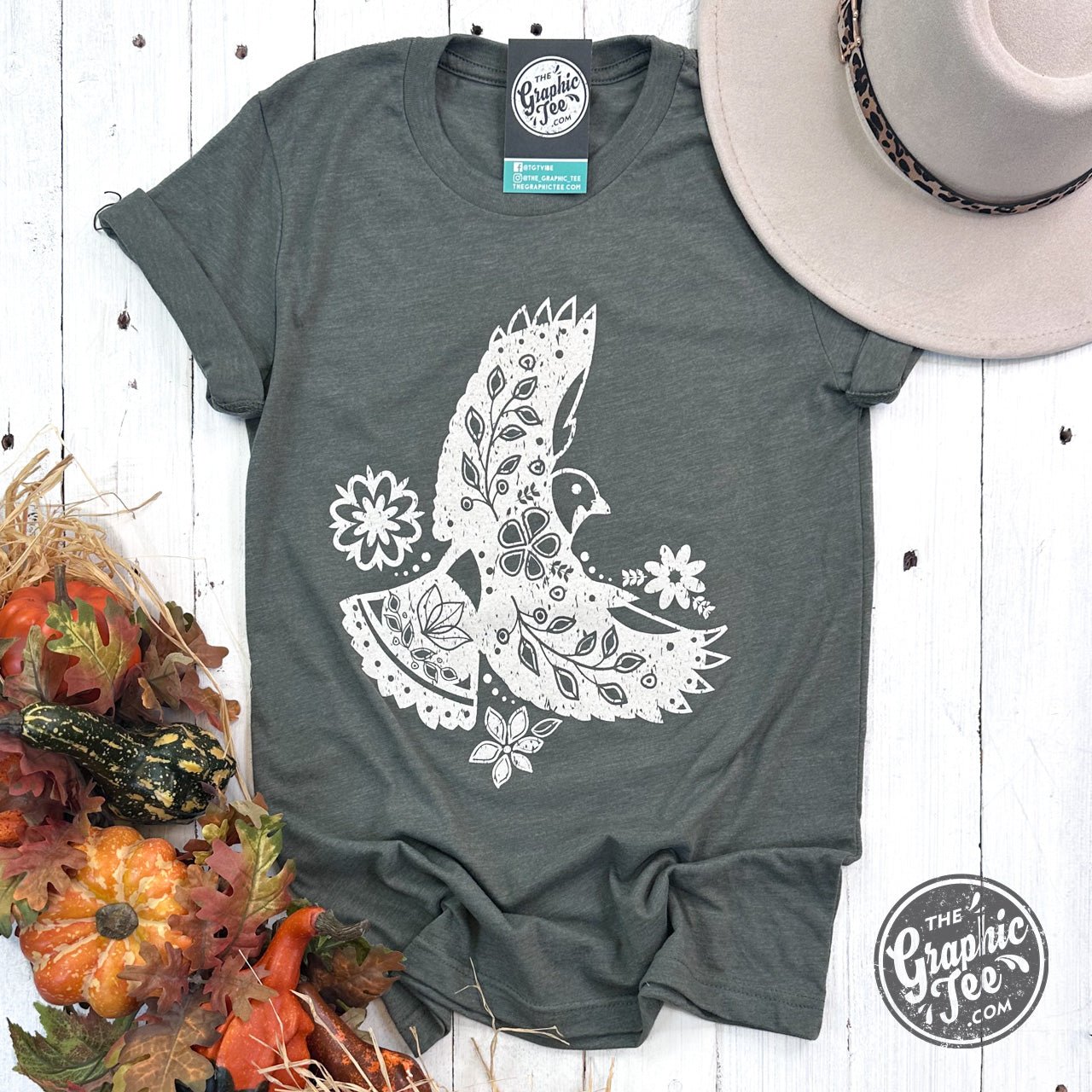 Boho Bird Heather Military Green Short Sleeve Tee - Aaria Tees Aaria Tees