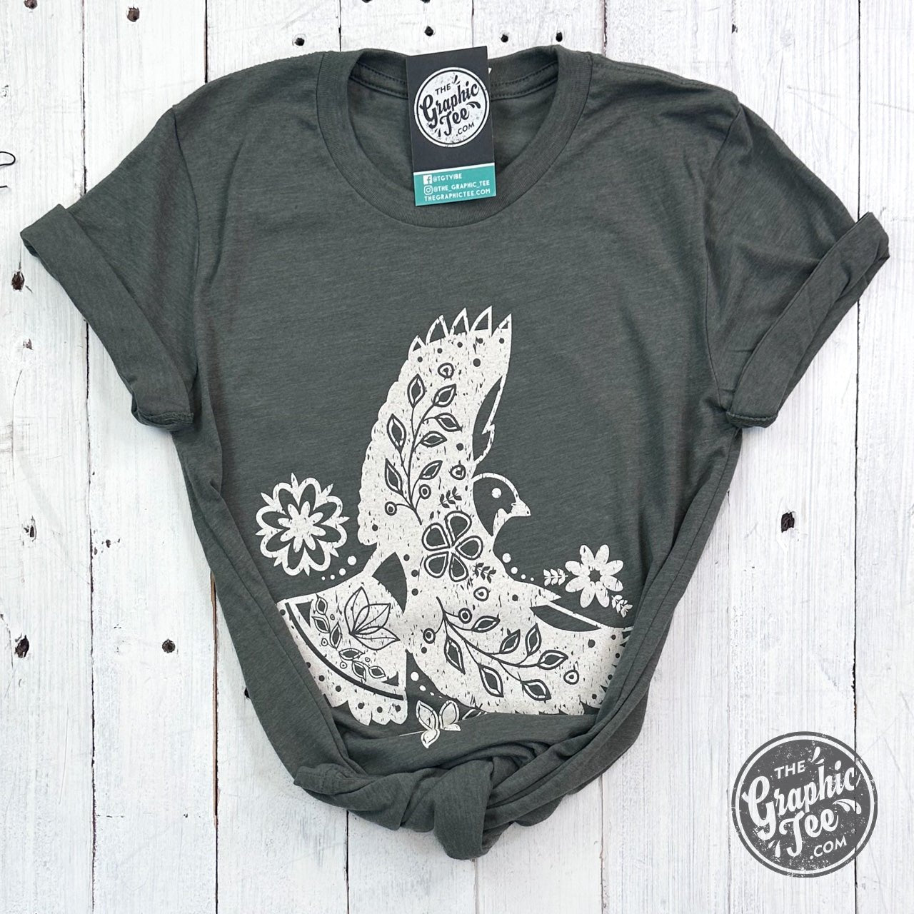 Boho Bird Heather Military Green Short Sleeve Tee - Aaria Tees Aaria Tees