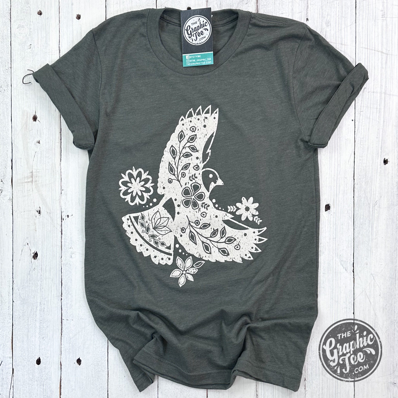 Boho Bird Heather Military Green Short Sleeve Tee - Aaria Tees Aaria Tees