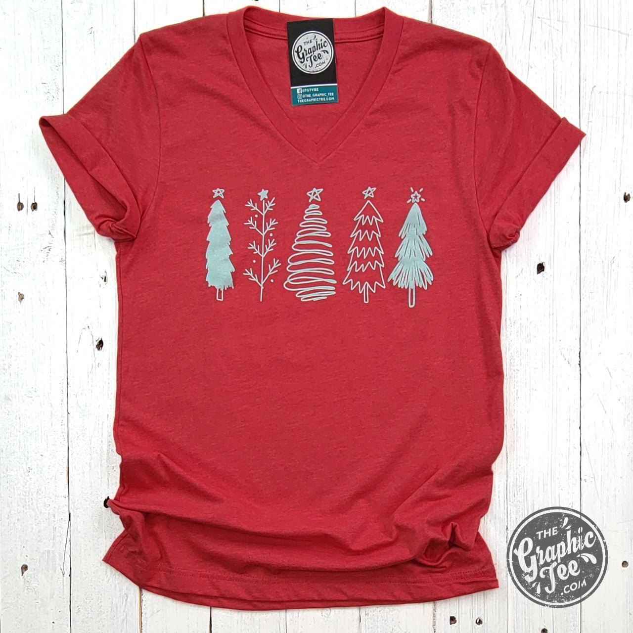 Boho Christmas Trees Heather Red V Neck Short Sleeve Tee - Aaria Tees Aaria Tees