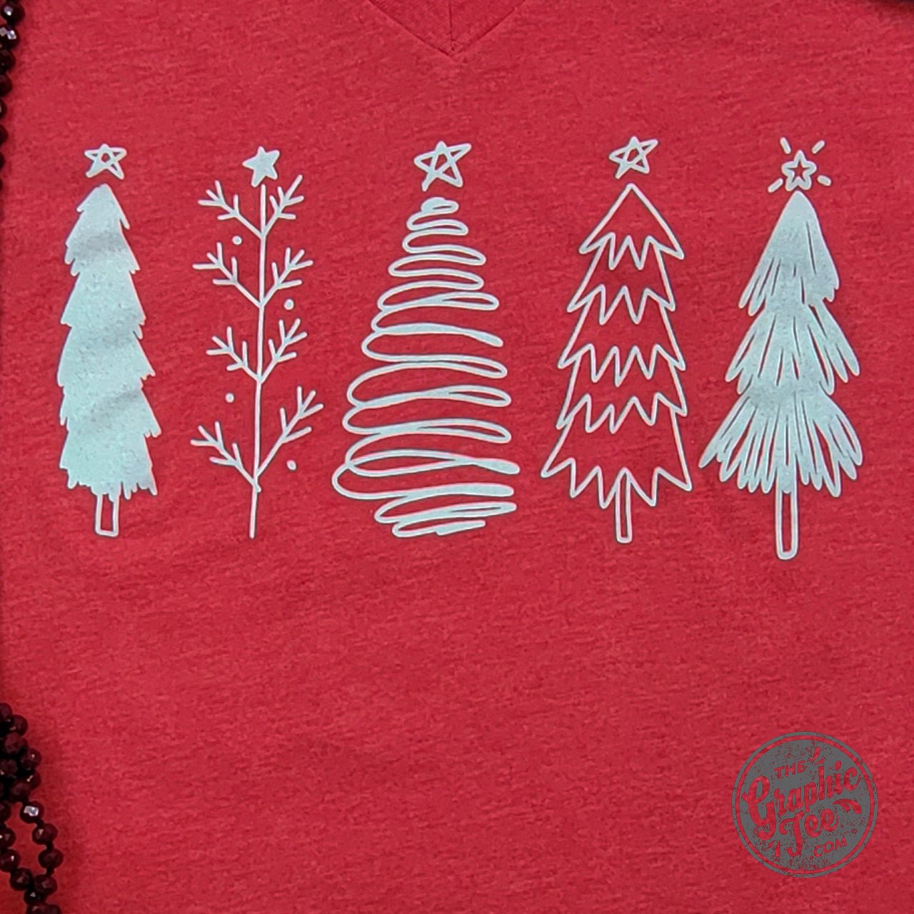 Boho Christmas Trees Heather Red V Neck Short Sleeve Tee - Aaria Tees Aaria Tees