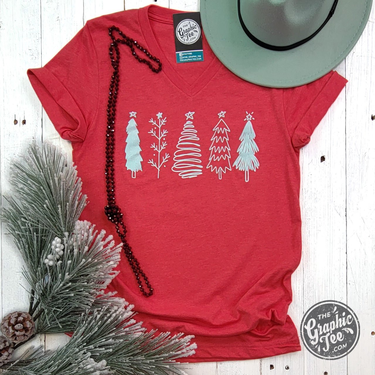Boho Christmas Trees Heather Red V Neck Short Sleeve Tee - Aaria Tees Aaria Tees