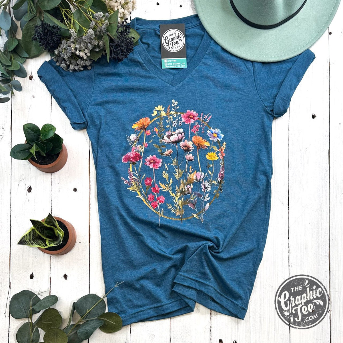 Boho Floral Ring Short Sleeve V Neck Tee - Aaria Tees