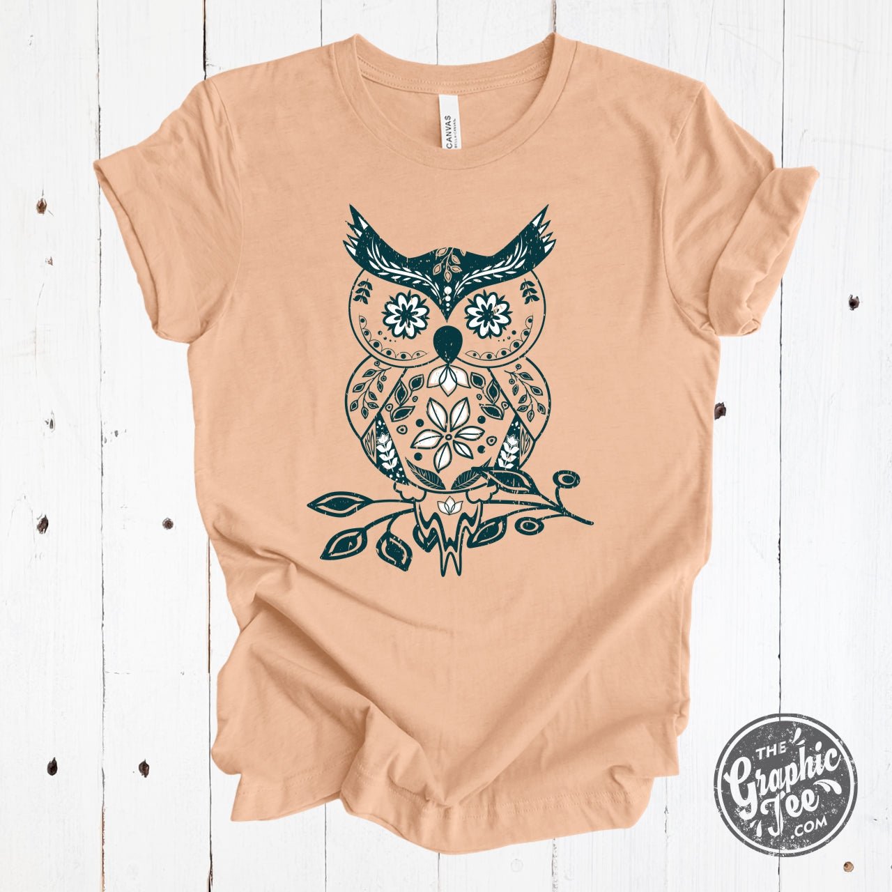 Boho Owl Heather Peach Short Sleeve Tee - Aaria Tees Aaria Tees