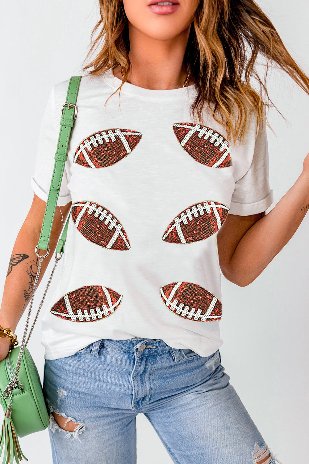 White Sequined Rugby Football Graphic Cotton T Shirt - Aaria Tees Aaria Tees