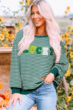 Green Stripe Chenille LUCKY Patched Pattern St Patrick Long Sleeve Top Aaria Tees