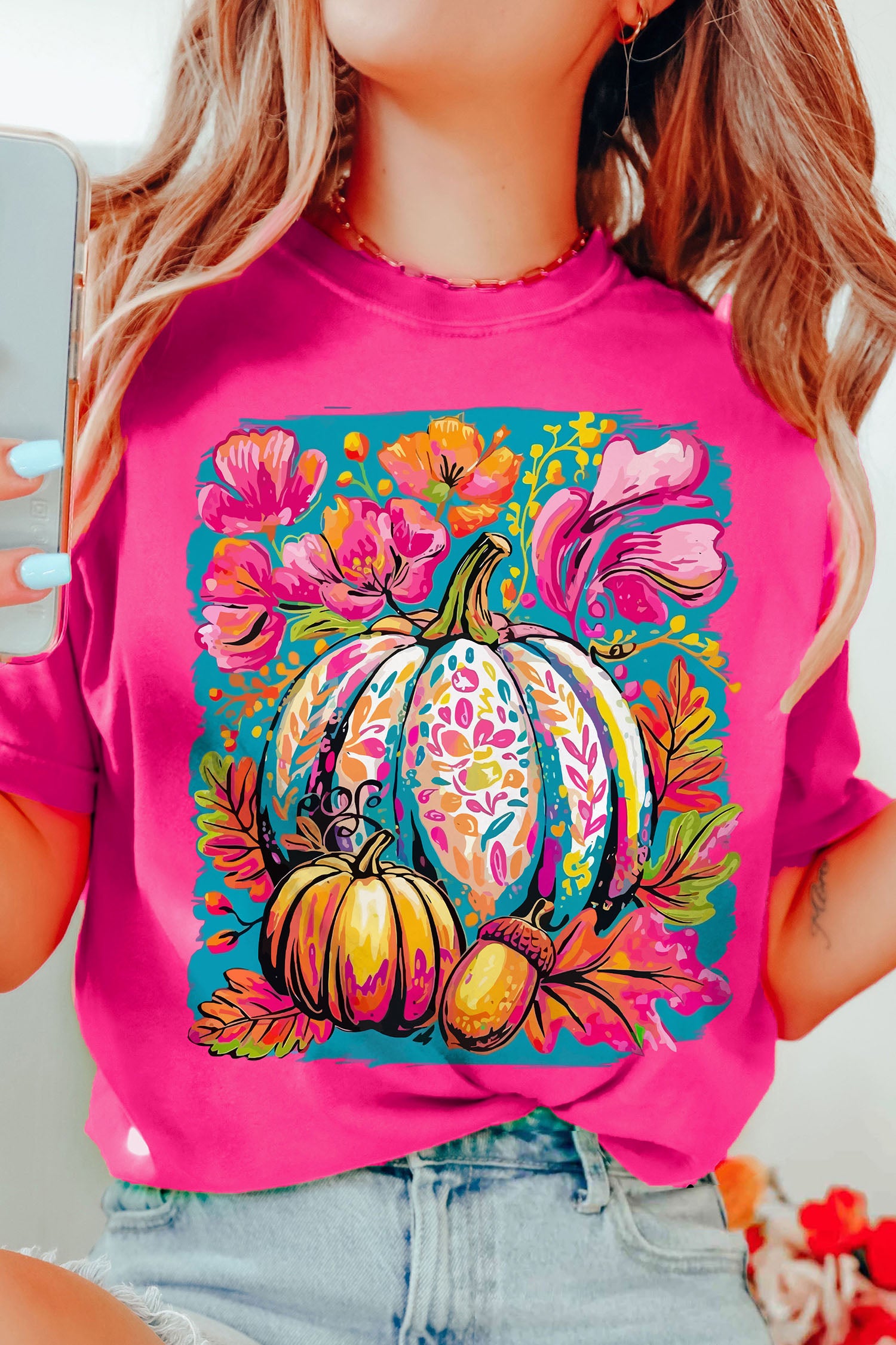 Rose Red Floral Pumpkin Graphic Print Crewneck Relaxed T-Shirt - Aaria Tees Aaria Tees
