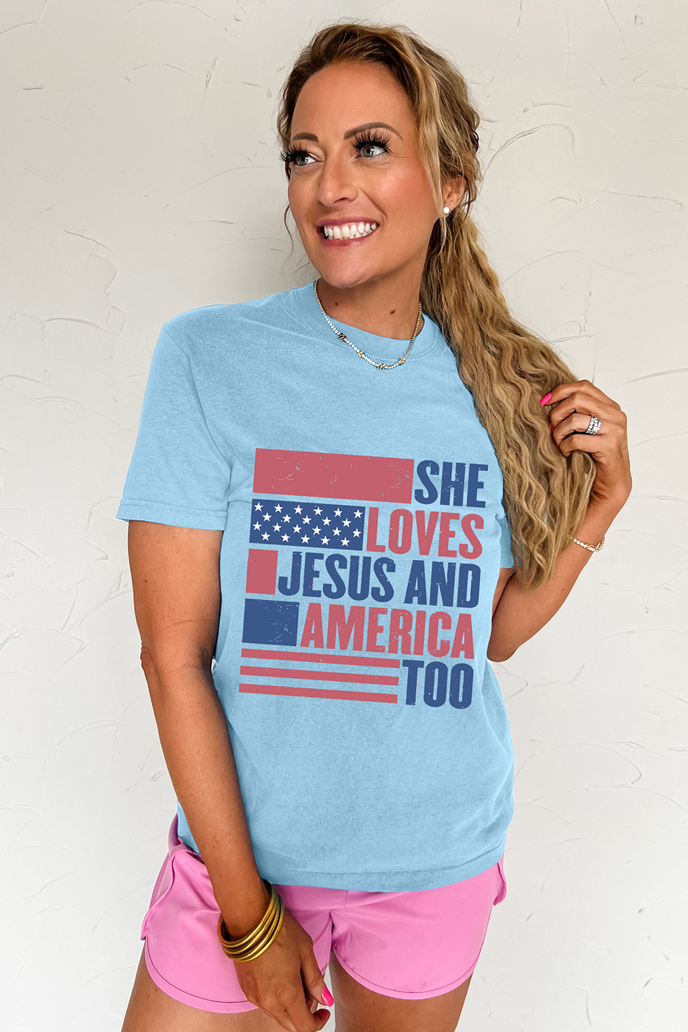 Light Blue SHE LOVES JESUS AND AMERICA TOO Flag Graphic T Shirt - Aaria Tees Aaria Tees