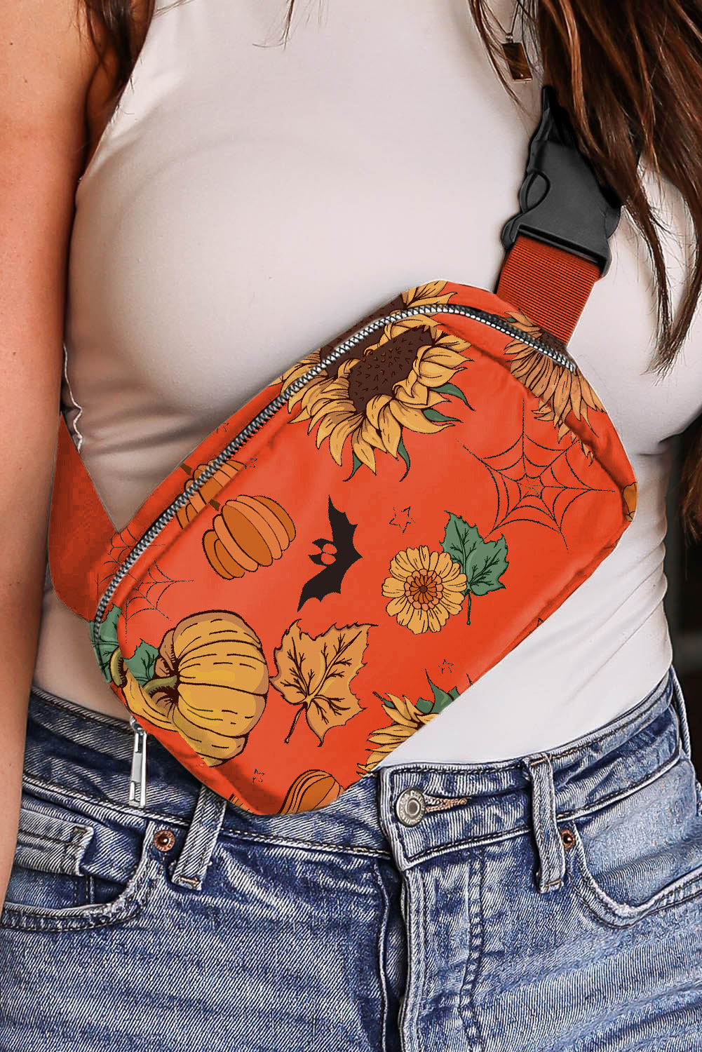 Orange Pumpkin Sunflower Halloween Graphic Crossbody Bag - Aaria Tees Aaria Tees