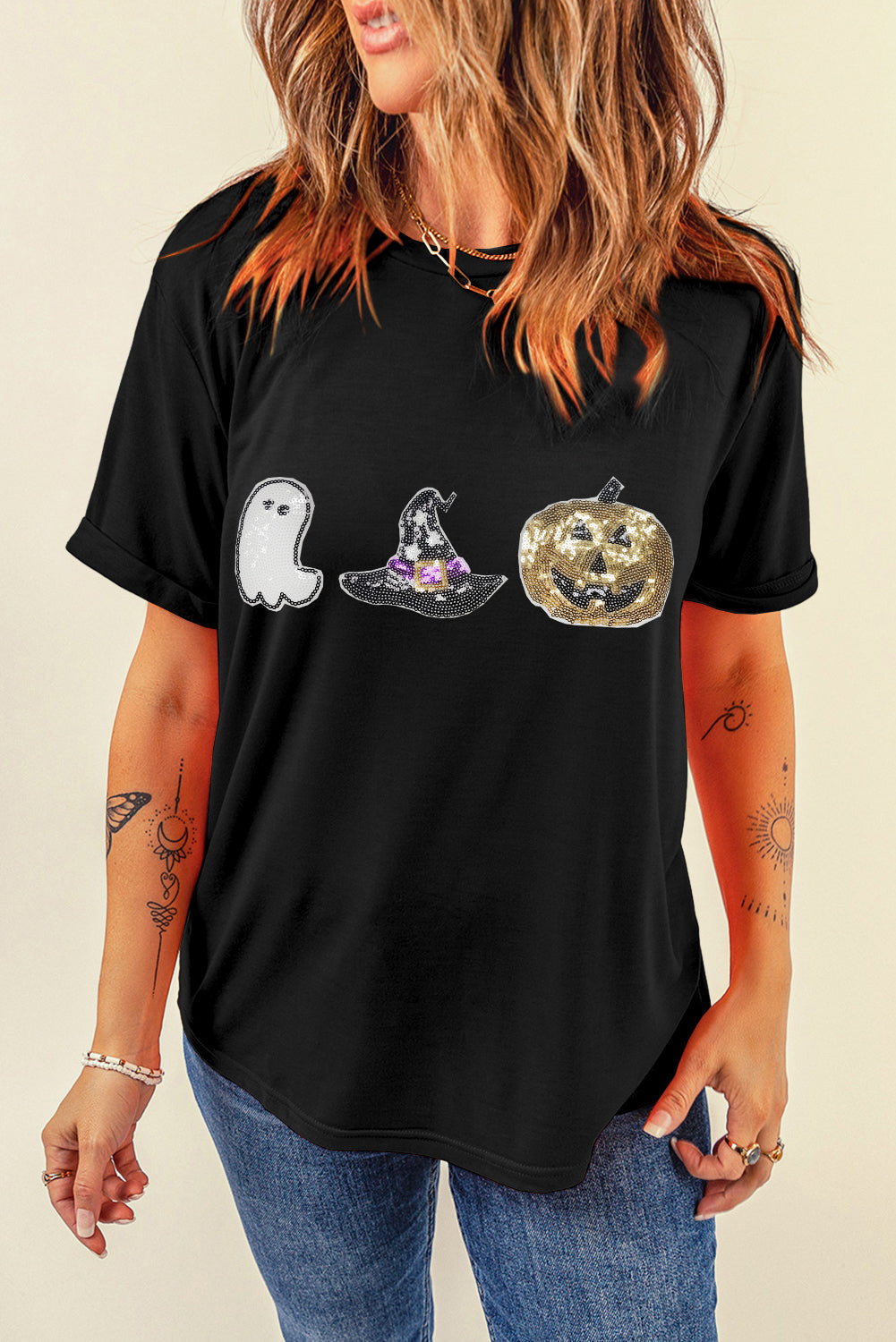 Black Halloween Sequin Pattern Patched Crewneck Tee - Aaria Tees Aaria Tees