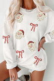 White Corded Rib Sequin Santa Bow Patched Drop Shoulder Graphic Sweatshirt Aaria Tees