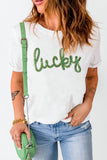 White Sequined Lucky St.Patricks Day Graphic Tee Aaria Tees