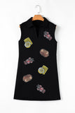 Black Sequin Patched V Neck Collared Mini Dress Aaria Tees