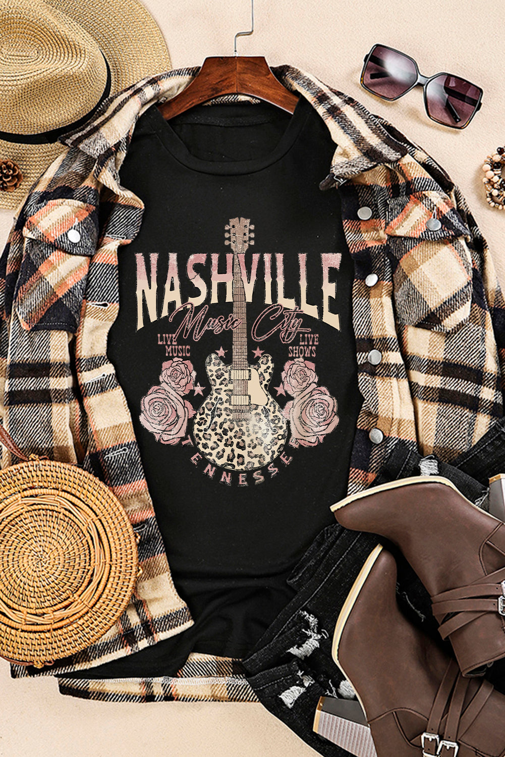 Black Nashville Music City Leopard Guitar Graphic T Shirt - Aaria Tees Aaria Tees