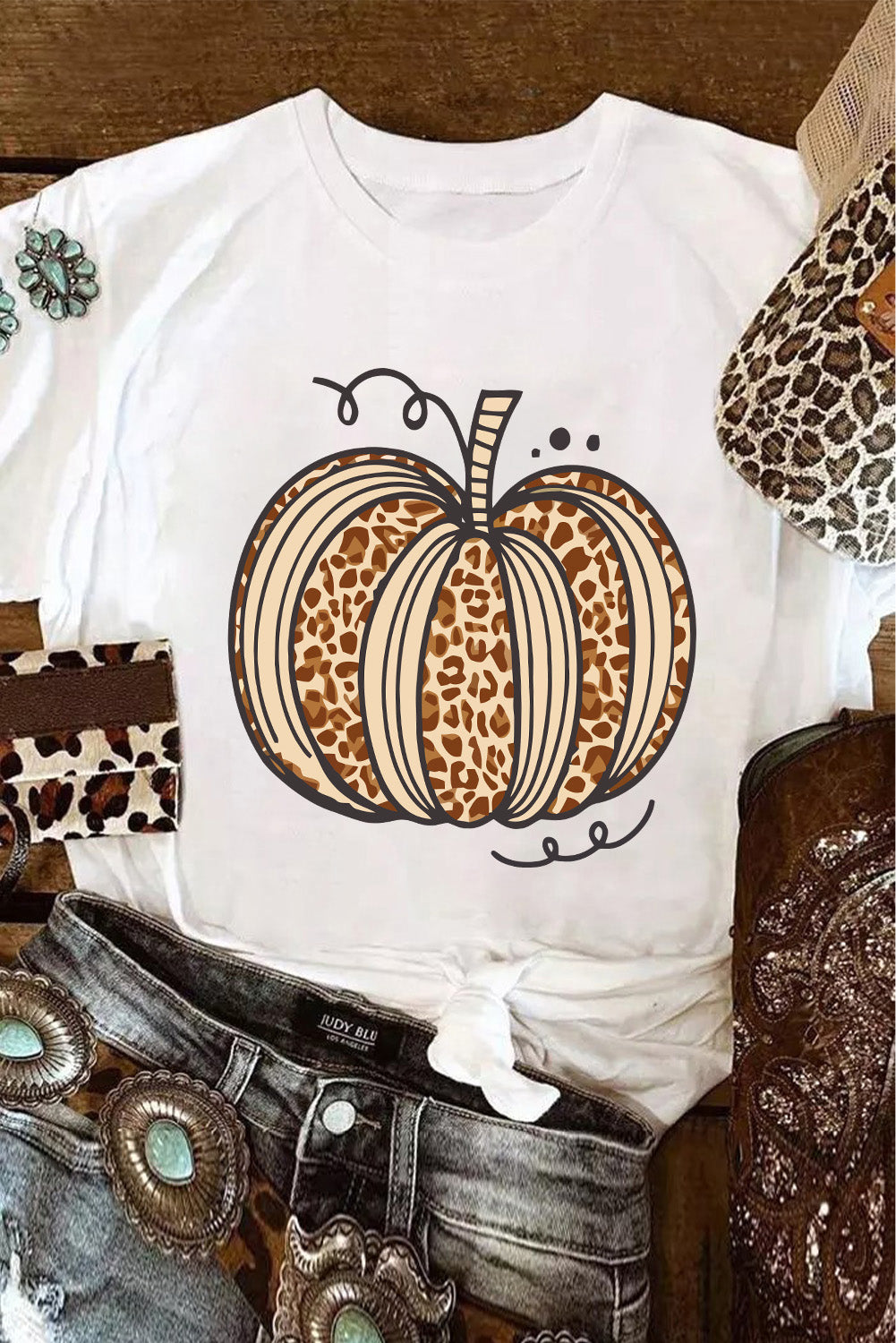 White Leopard Pumpkin Graphic Crewneck Halloween T Shirt - Aaria Tees Aaria Tees