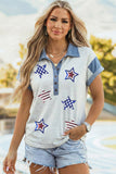 Light Grey Color Block Polo Neck Patriotic Sequin Star Graphic Polo Tee Aaria Tees