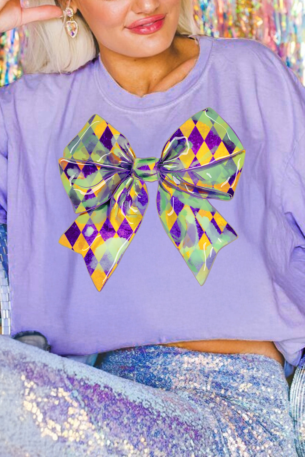 Wisteria Mardi Gras Bowknot Pattern Crew Neck T Shirt - Aaria Tees Aaria Tees
