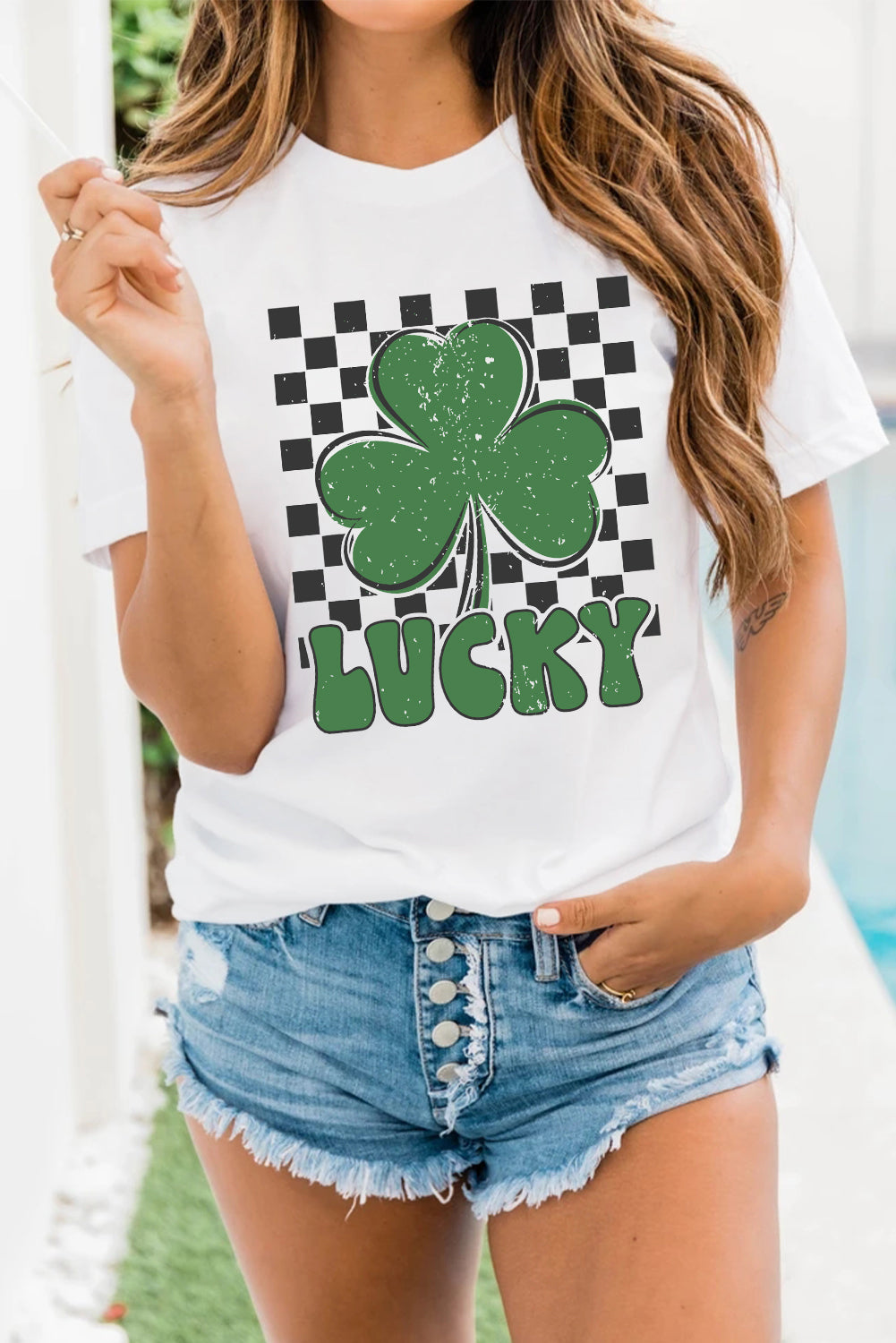 White Checker LUCKY Clover Printed St Patricks T Shirt - Aaria Tees Aaria Tees