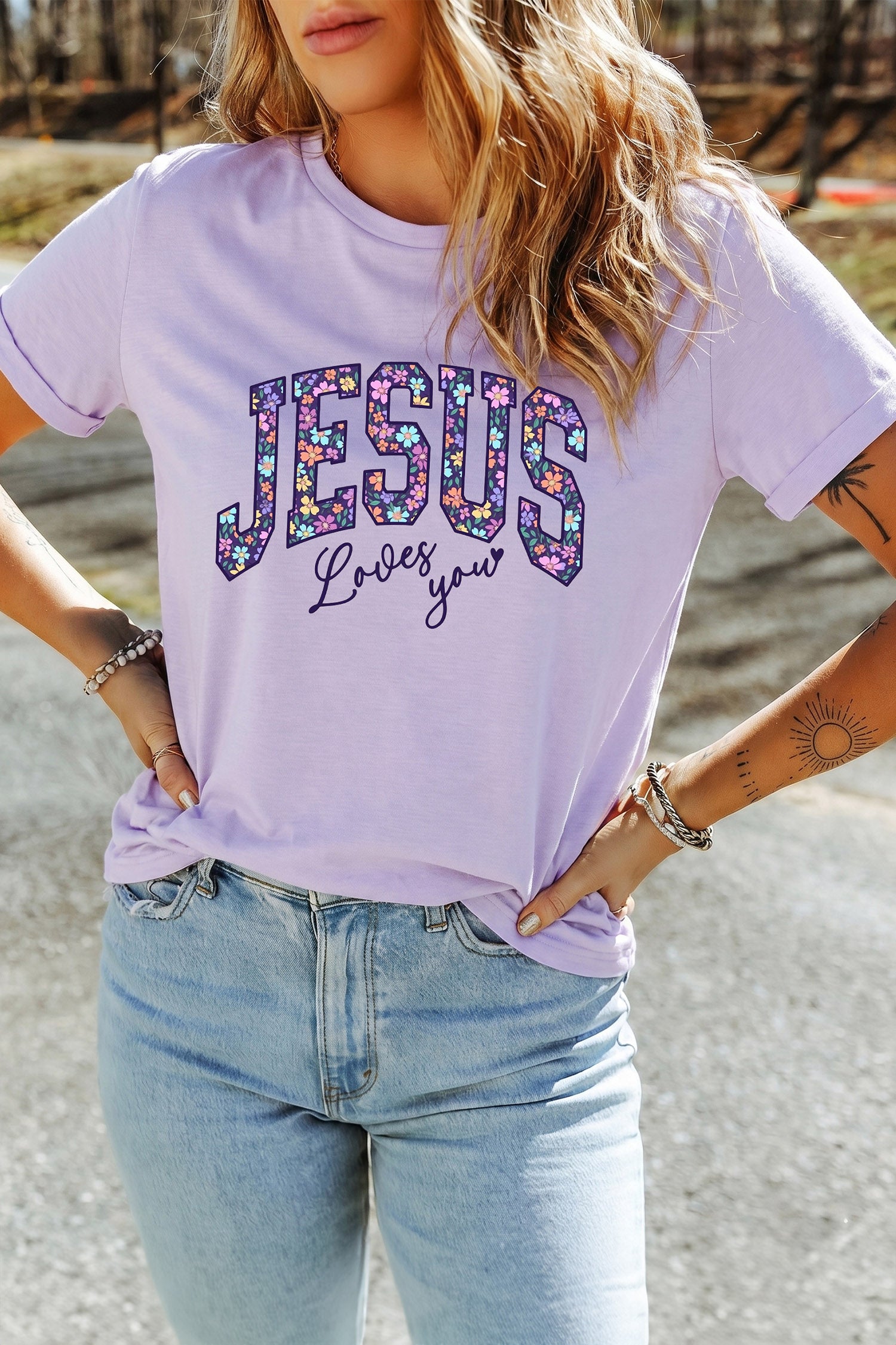 Orchid Petal Christian Floral Letter Graphic Round Neck T Shirt - Aaria Tees Aaria Tees