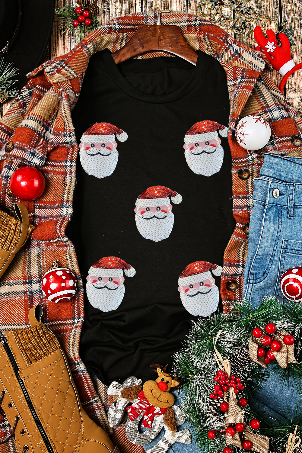 Black Faux Sequin Christmas Claus Pattern Crewneck T Shirt - Aaria Tees Aaria Tees