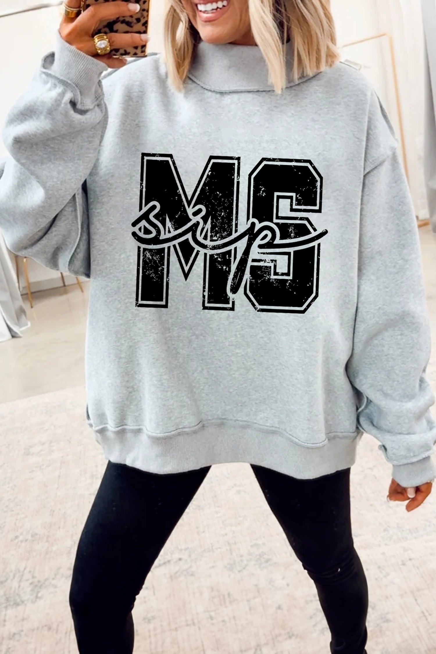 Light Grey MS MISSISSIPPI Double Side Printed Mock Neck Reversible Sweatshirt - Aaria Tees Aaria Tees