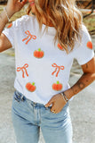 White Sequin Chenille Pumpkin Bow Pattern Casual Short T Shirt - Aaria Tees Aaria Tees