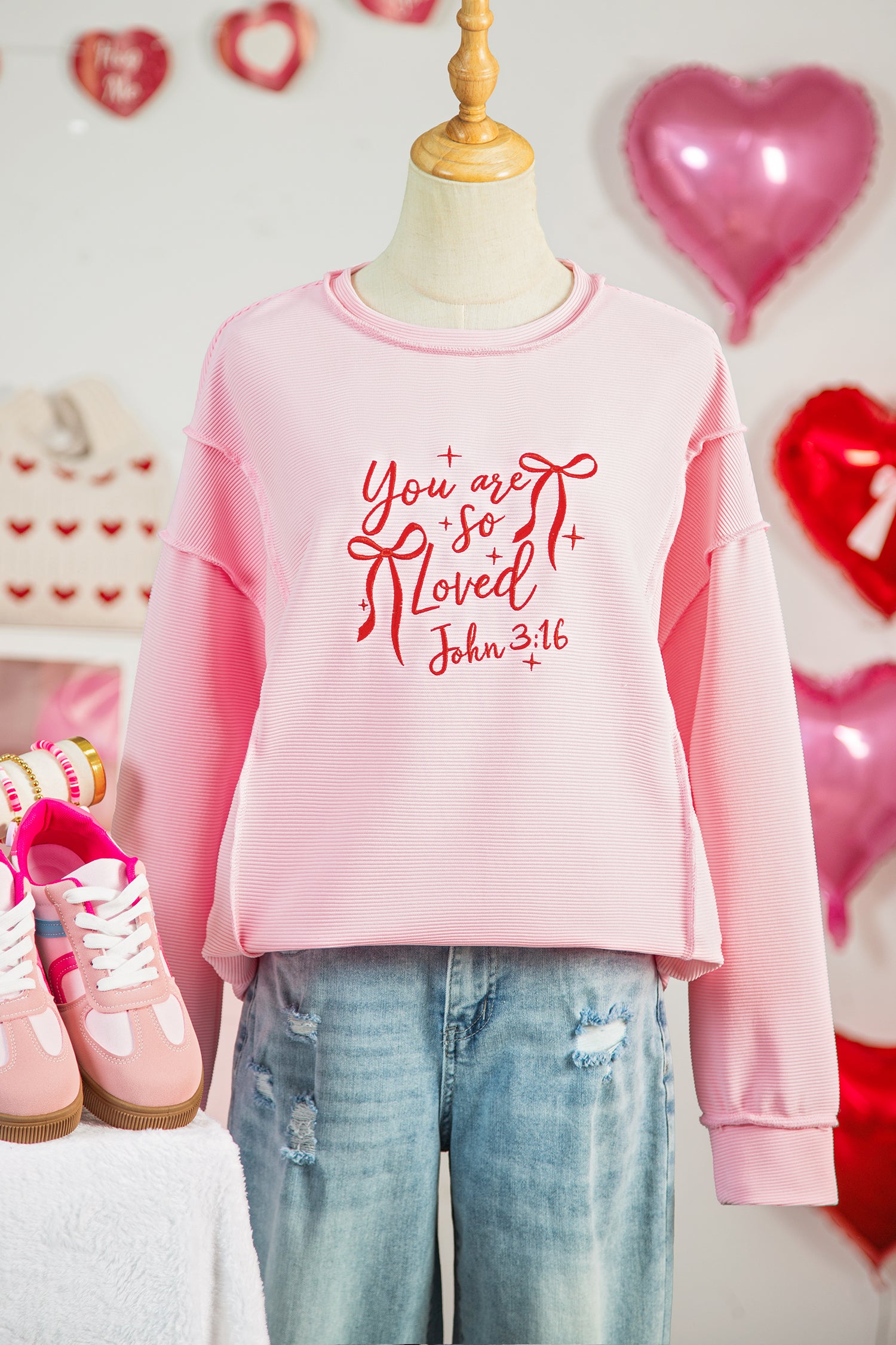 Pink you are so loved Valentines Day Bow Embroidered Graphic Pullover Top - Aaria Tees Aaria Tees