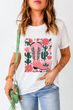 White Western Boots Flower Print Round Neck T Shirt Aaria Tees