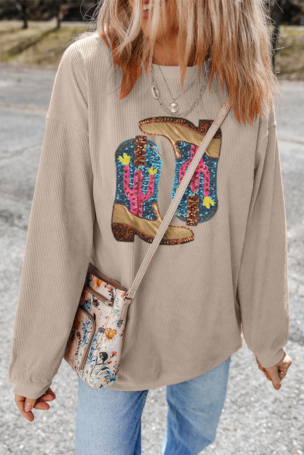 Smoke Gray Western Cowboy Boots Graphic Corded Loose Sweatshirt - Aaria Tees Aaria Tees