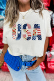 White USA Faux Patchwork Graphic Tee Aaria Tees