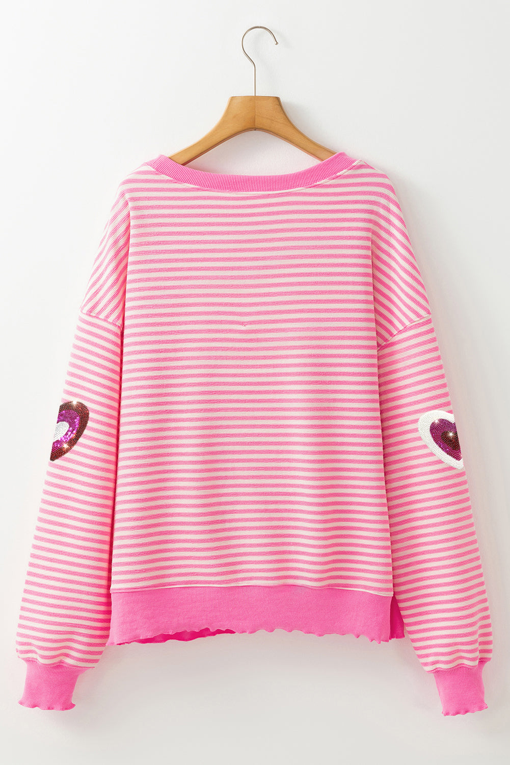Pink Stripe Sequin Heart Patched Pattern Long Sleeve Valentines Top - Aaria Tees Aaria Tees