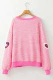 Pink Stripe Sequin Heart Patched Pattern Long Sleeve Valentines Top - Aaria Tees Aaria Tees