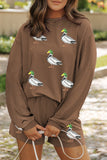 Chestnut Twisted Ribbed Sequin Mallard Graphic Long Sleeve Top and Short Set Aaria Tees