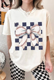 White Checkered Rugby Bowknot Graphic Crew T Shirt Aaria Tees