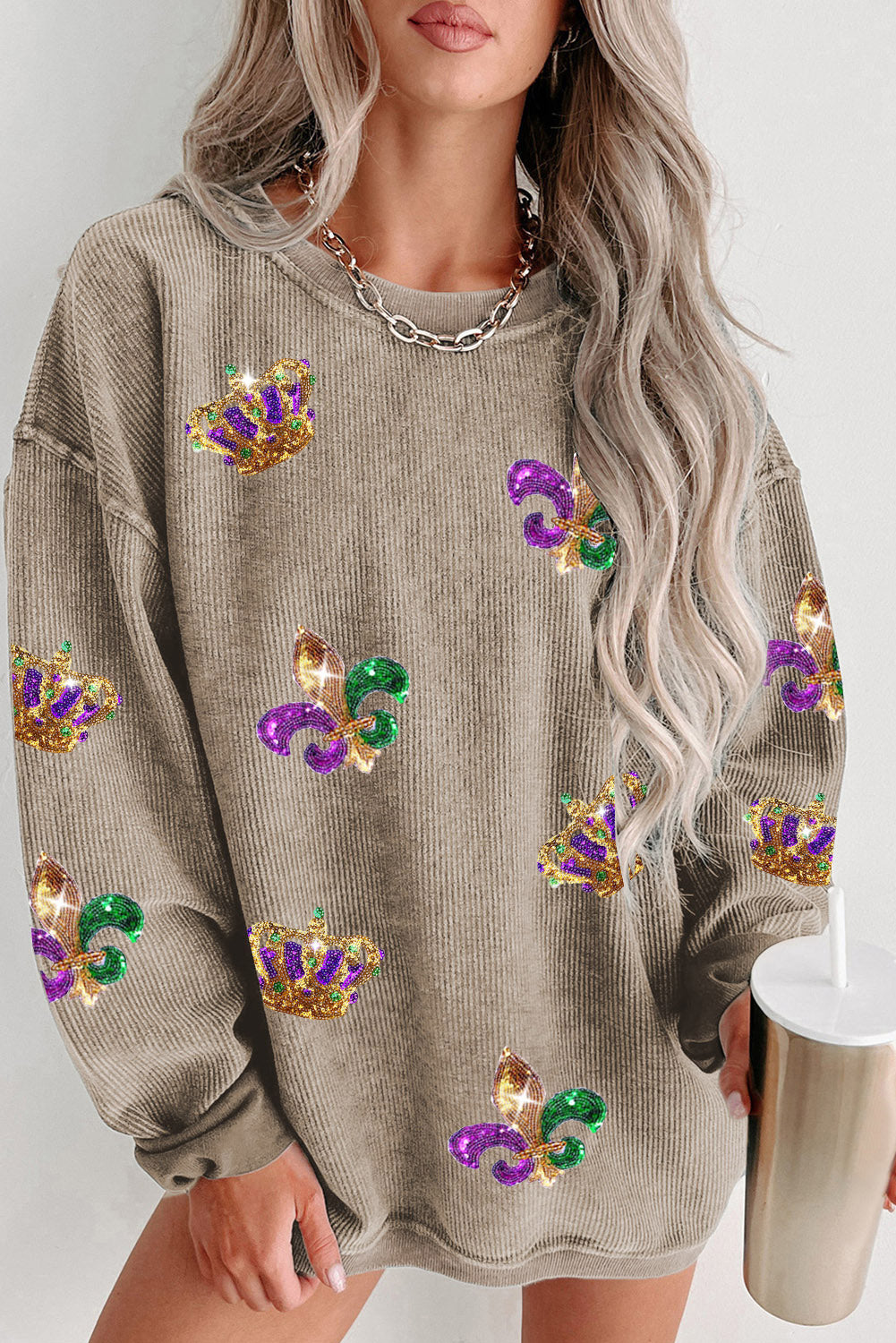 Khaki Mardi Gras Sequin Crown Fleur De Lis Corded Sweatshirt - Aaria Tees