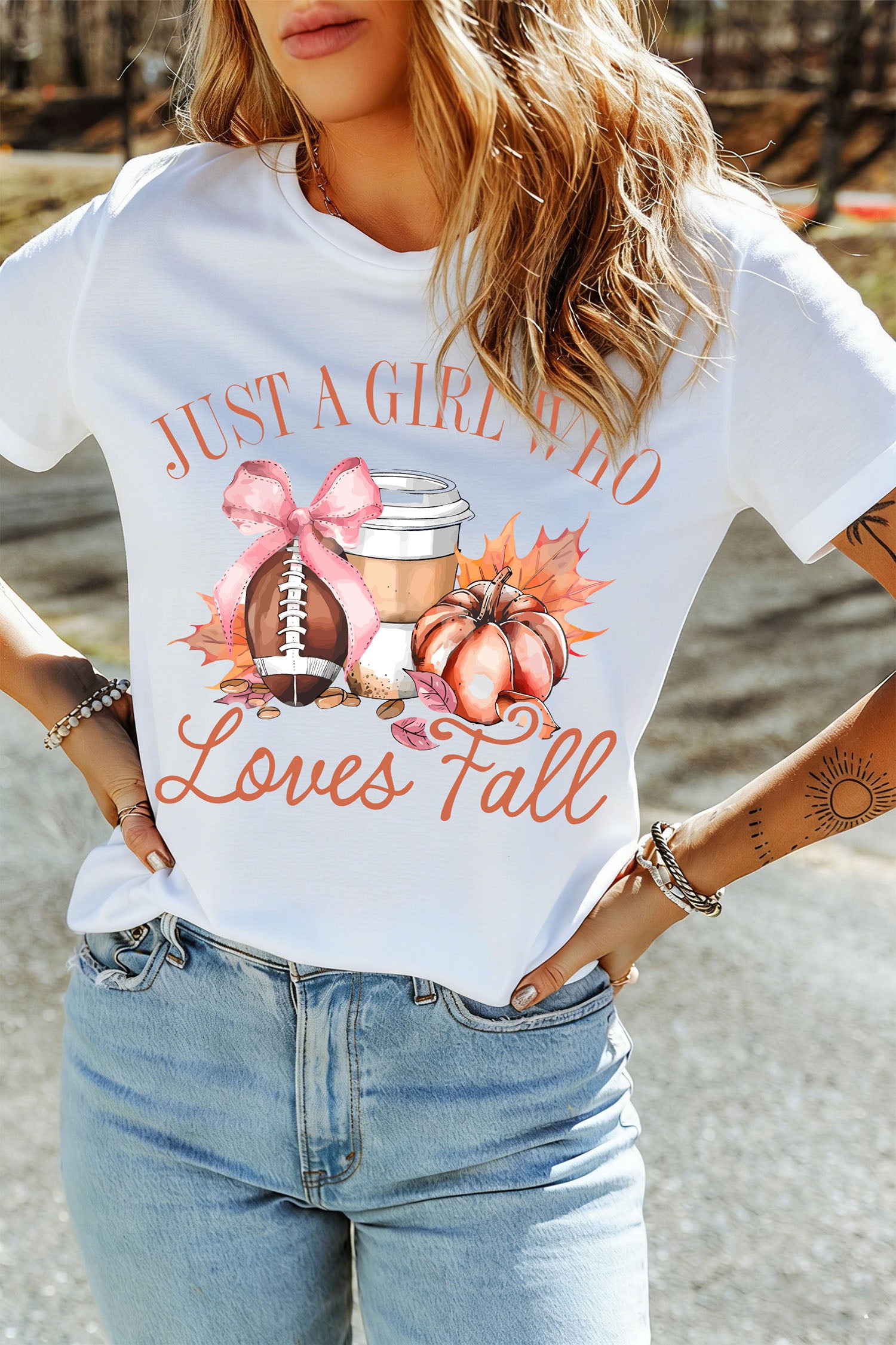 White JUST A GIRL WHO Loves Fall Graphic Casual Tee - Aaria Tees Aaria Tees