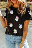 Black Sequin Patched Father Christmas Graphic T Shirt Aaria Tees