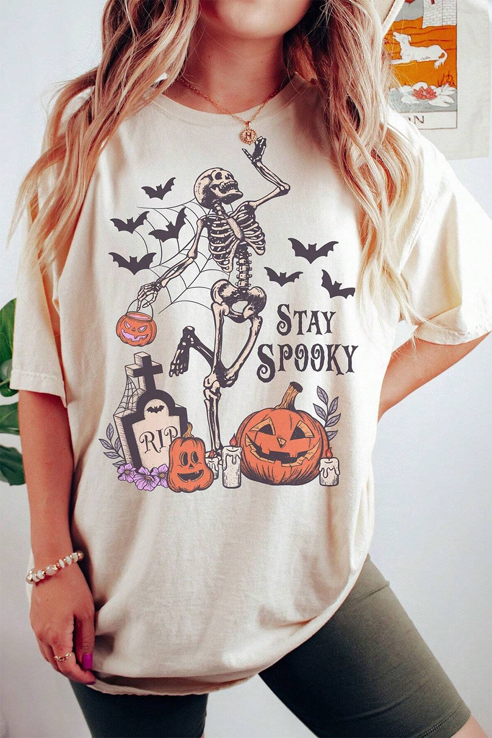 White Skull Pumpkin Face STAY SPOOKY Graphic Halloween T Shirt - Aaria Tees