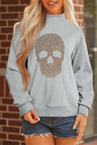Gray Halloween Rhinestone Skull Graphic Mock Neck Baggy Pullover Sweatshirt Aaria Tees