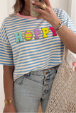 Sky Blue Stripe HOPPY Chenille Patched Graphic Crew Neck Tee - Aaria Tees Aaria Tees