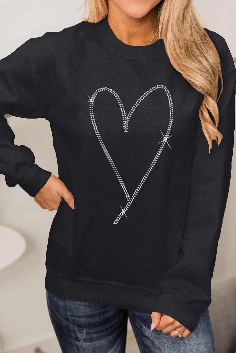 Black Rhinestone Heart Pattern Valentines Fashion Sweatshirt - Aaria Tees Aaria Tees