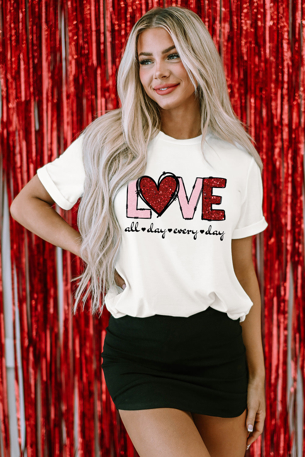 White Valentine LOVE Heart Shape Crew Neck Graphic Tee - Aaria Tees Aaria Tees