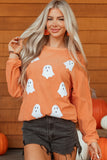 Orange Twisted Ribbed Texture Halloween Ghost Sequin Patched Sweatshirt Aaria Tees