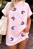 Pink Stripe Patriotic Sequin Flower Mock Neck T Shirt Graphic Dress Aaria Tees