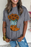 Gray Sunflower Cowgirl Boots Print Western Fashion T Shirt Aaria Tees