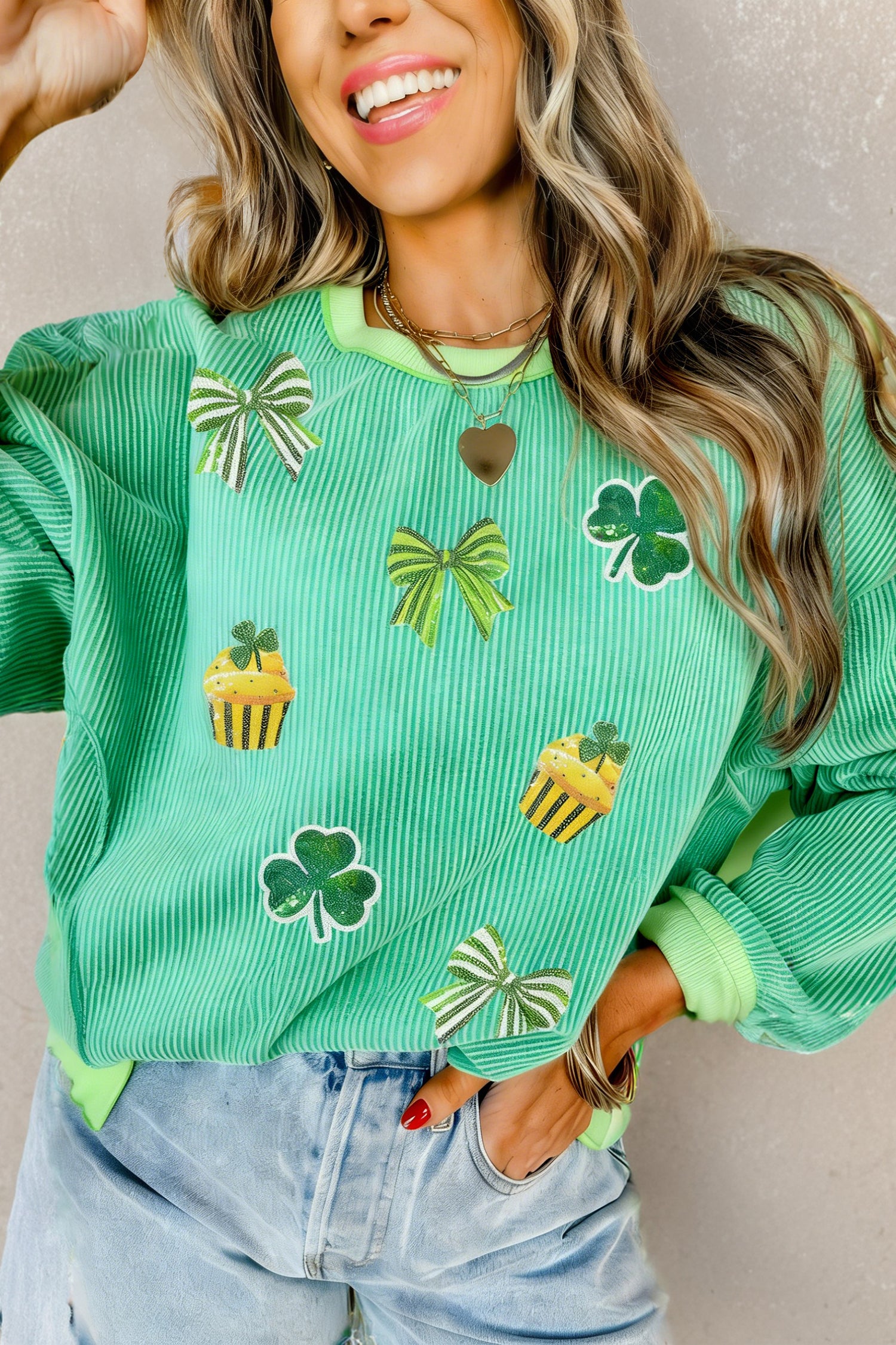 Bright Green Twisted Rib St Patricks Day Sequin Patch Graphic Long Sleeve Top - Aaria Tees Aaria Tees